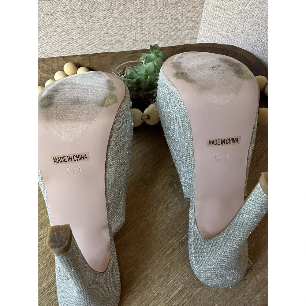 De Blossom Nelson-34 Silver Sparkle Platform Heels Size 7 Peep Toe Slingback - Picture 8 of 9